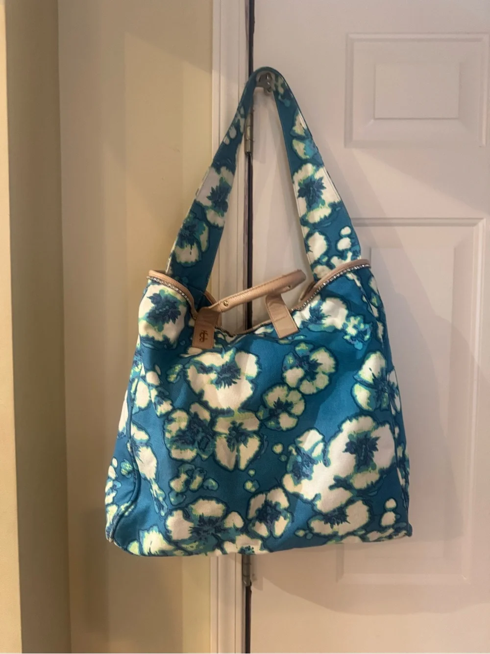 Juicy Couture Vintage Floral Canvas Tote Bag with Tan Leather‎ Trim rhinestone